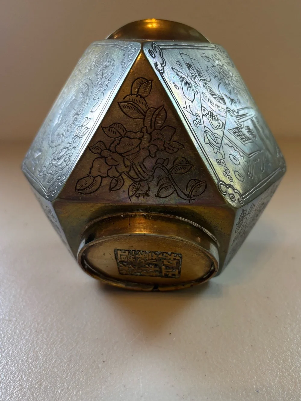Antique 1940s Brass Hexagonal Decorative Vase - Brass Finish